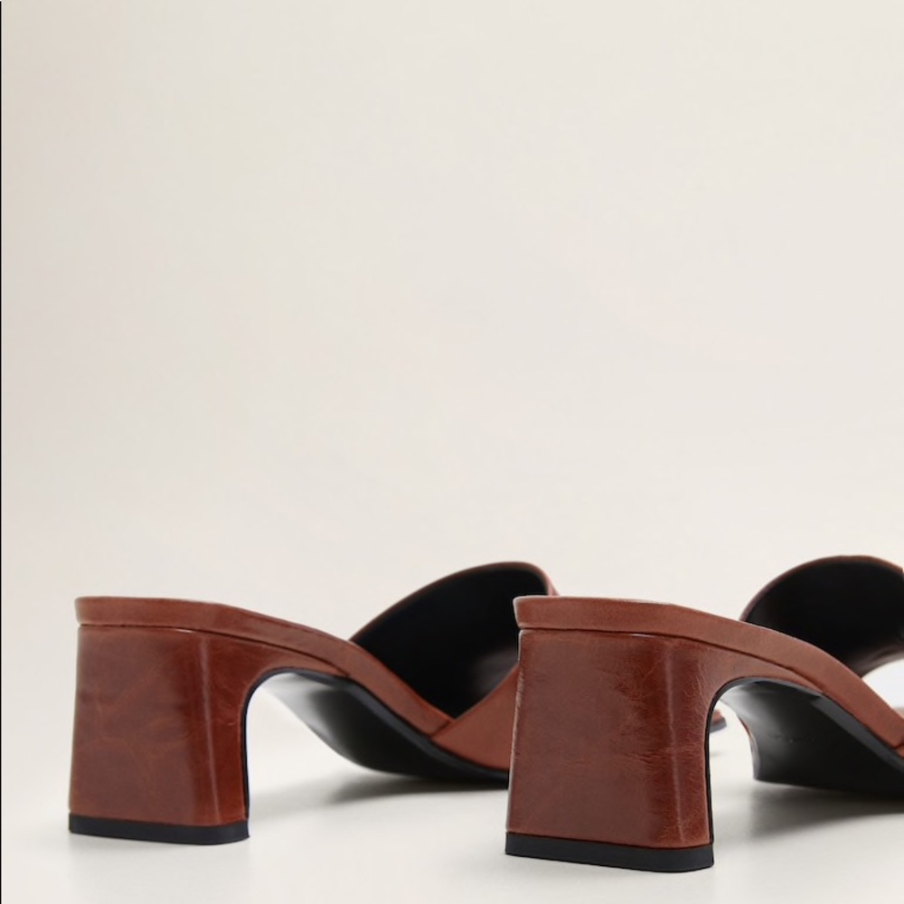 MANGO - Cognac Leather Square Toe Heeled Sandals - Picture 2 of 4